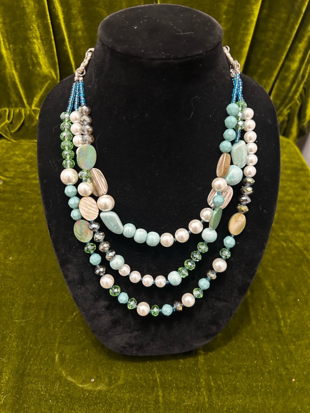 Vintage Multi-Strand Aqua & Pearl Beaded Necklace - Brand Unspecified